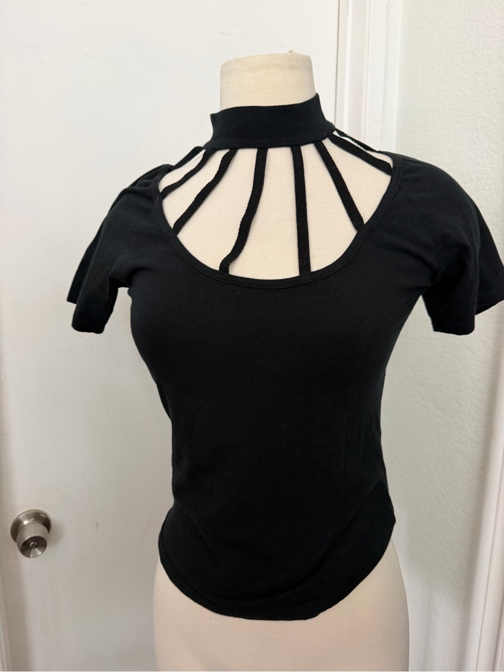 Women's Black Short-Sleeve Mock Neck Tee with Strappy Cutout